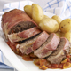 Sliced Meatloaf with potatoes and Tomato Compote