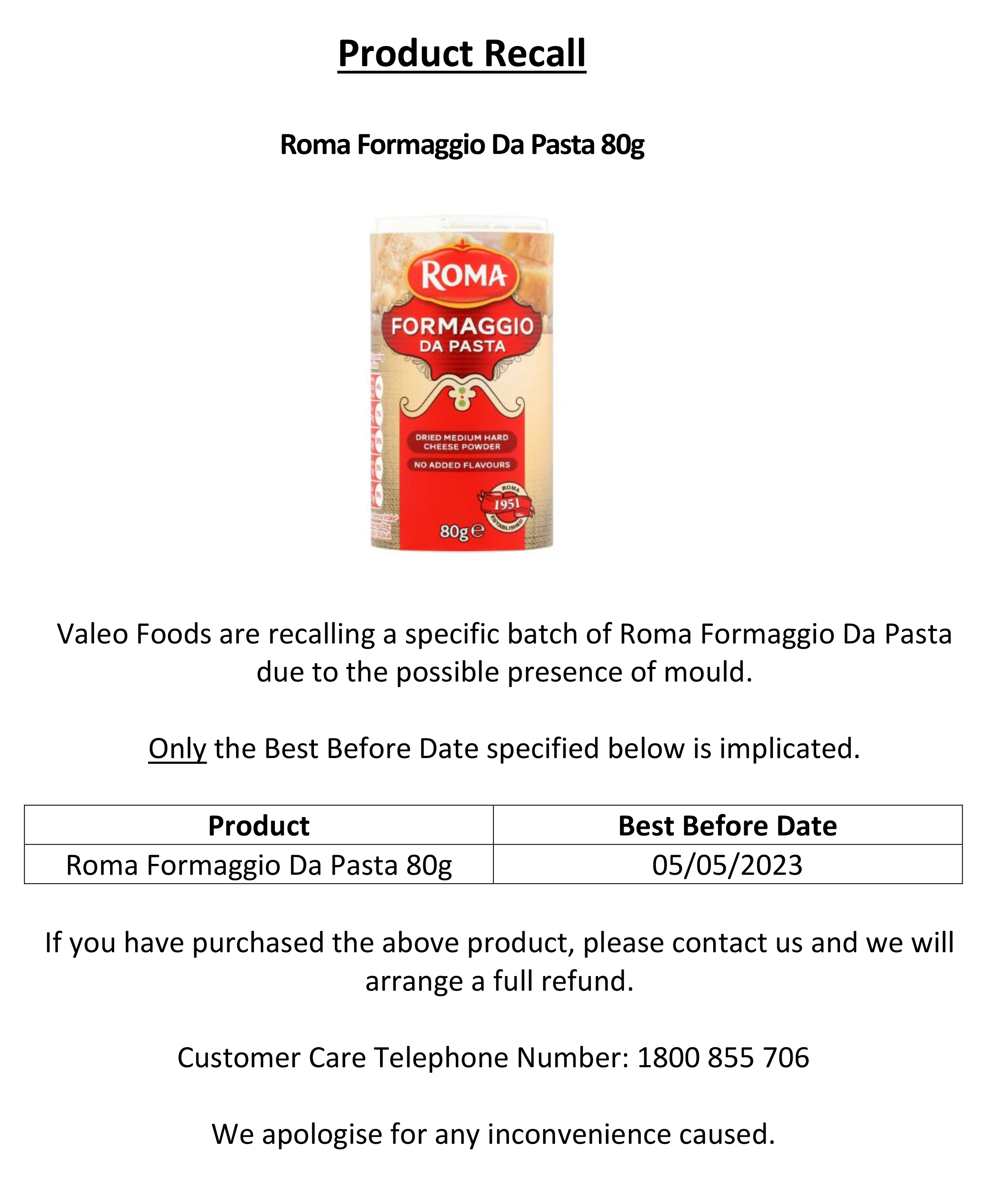 Customer Notice Roma Fromaggio Da Pasta Cheese 12x80g