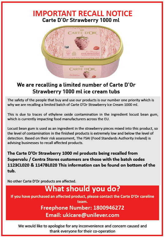 Product Recall FYI   Carte D Or Strawberry 1000ml