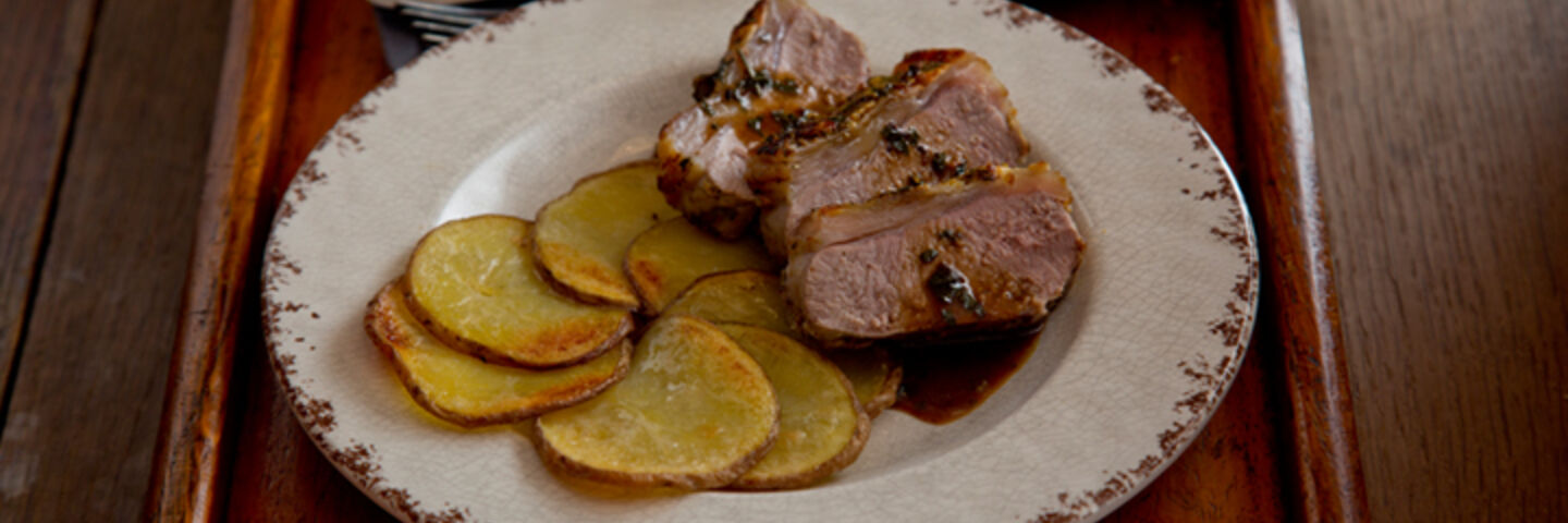 Roasted lamb loin maxims potatoes recipe