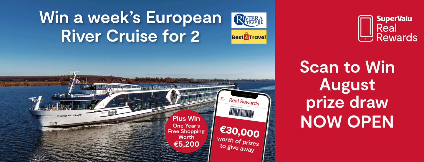 Scan to Win August One Year Free Shopping gift card • €100 SuperValu e-gift card for EVERY Store • A week-s European River Cruise for 2 Prize draw now open