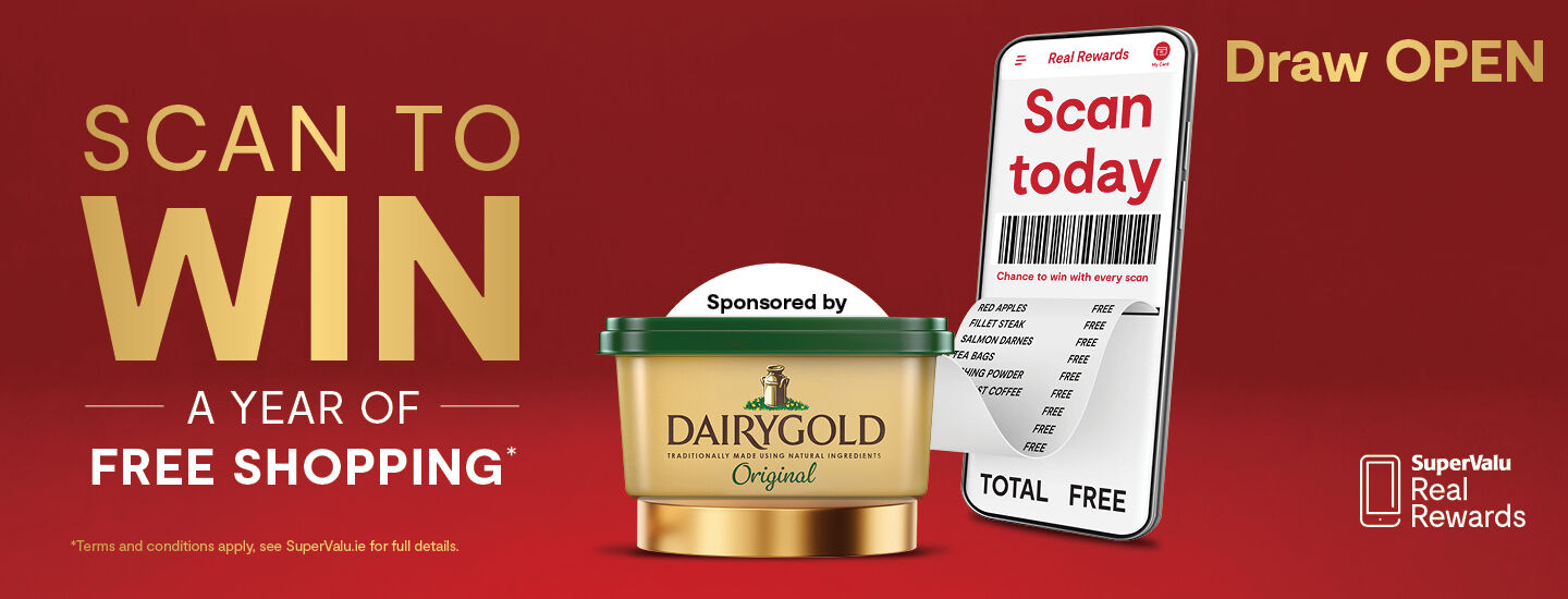 Scan To Win September • One Year Free Shopping gift card sponsored by Dairygold Spread • €100 SuperValu e-gift card for EVERY Store