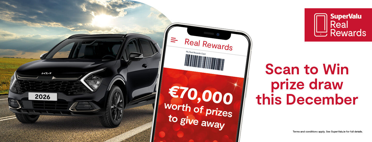 Scan to Win December Kia Car •One Year Free Shopping gift card • €100 SuperValu e-gift card for EVERY Store
