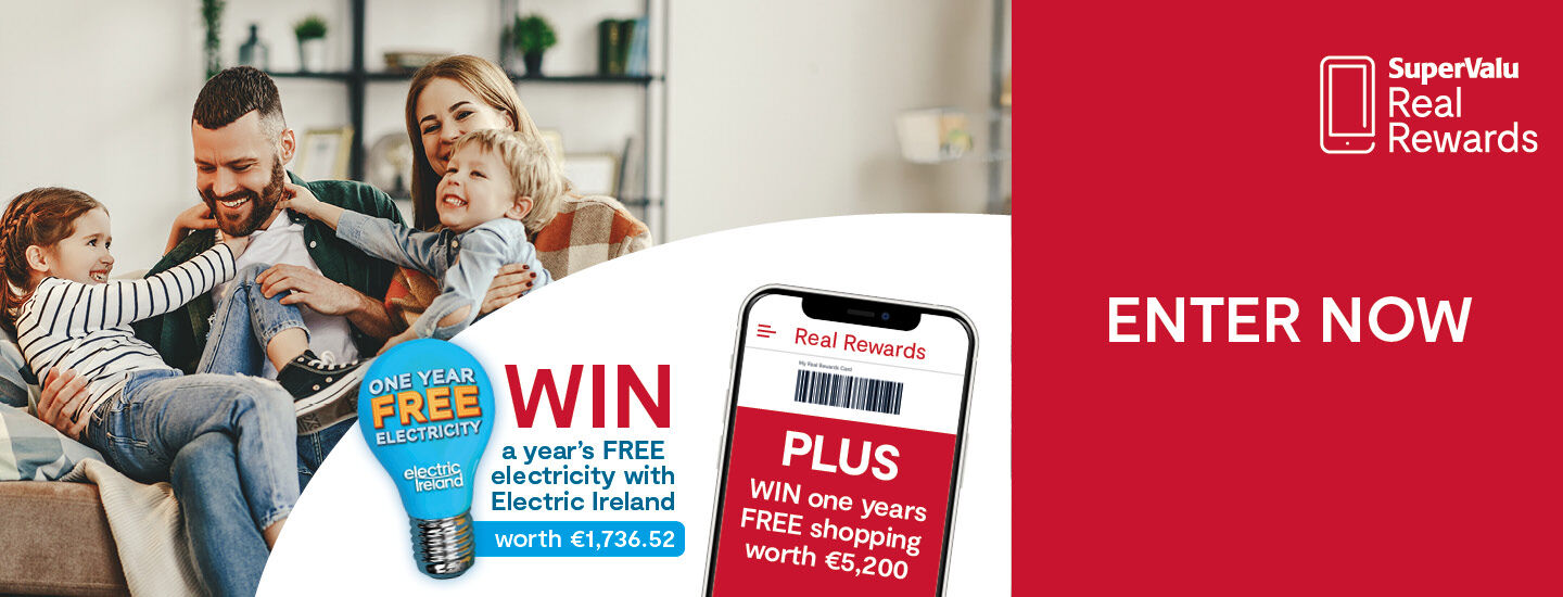 Scan to Win October One Year Free Shopping gift card • €100 SuperValu e-gift card for EVERY Store • One Year Free Electricity