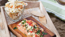 Hot smoked trout with apple and feta slaw recipe