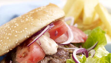 Beef Burger in a Bun, Salad and Homemade Oven Chips