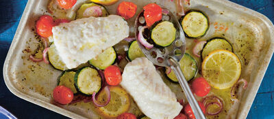 Baked Monkfish with Cherry Tomatoes, Red Onion
