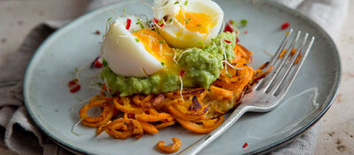 Spiralised Sweet Potato Rosti With Avocado, Lime And Chilli