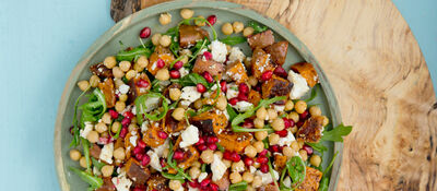 Roast sweet potato chickpea and feta salad with pomegranate