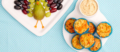 Savoury ham and veg muffins with hummus