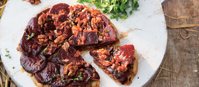 Happy pear beetroot shallot tarte tatin