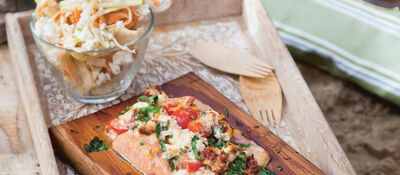 Hot smoked trout with apple and feta slaw recipe