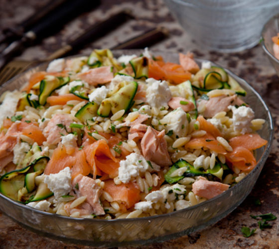 Courgette feta salmon pasta salad recipe