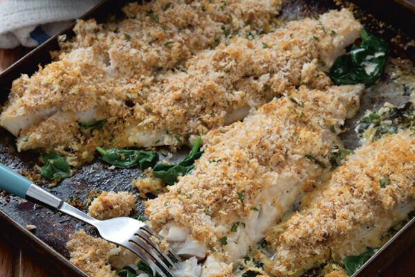 Baked whiting cream cheese spinach garlic crumble recipe