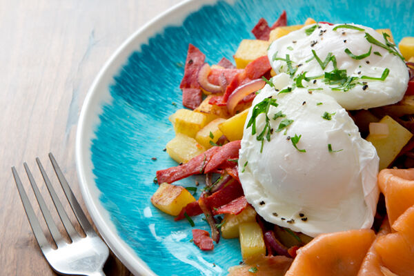 Chorizo hash poached egg smoked salmon recipe