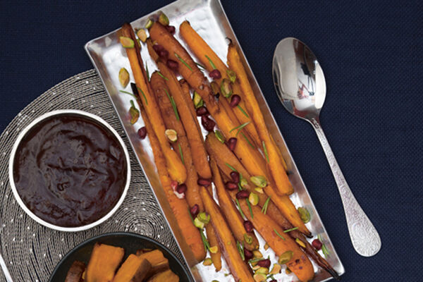 Roasted carrots pomegranate pistachios