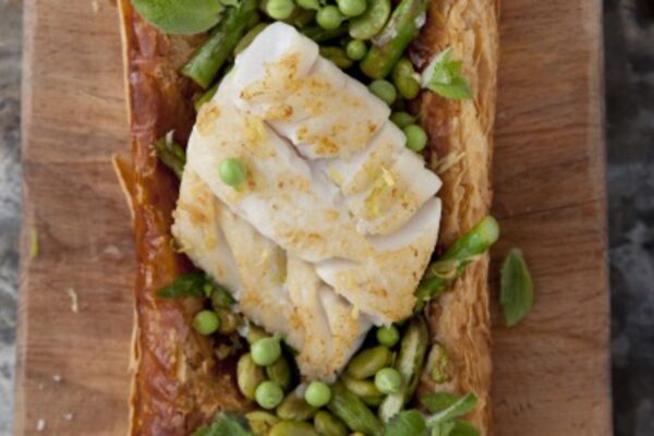 Cod, asparagus and broad bean tart
