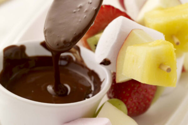 Fruit and Marshmallow Kebabs with Chocolate Sauce