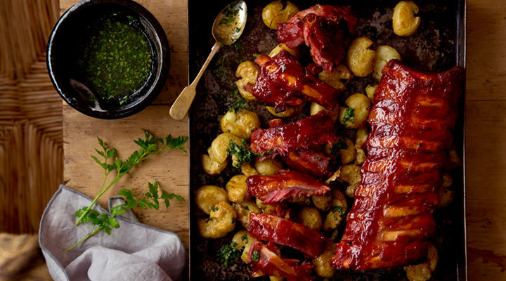 Bacon ribs smashed baby potatoes gremolata recipe