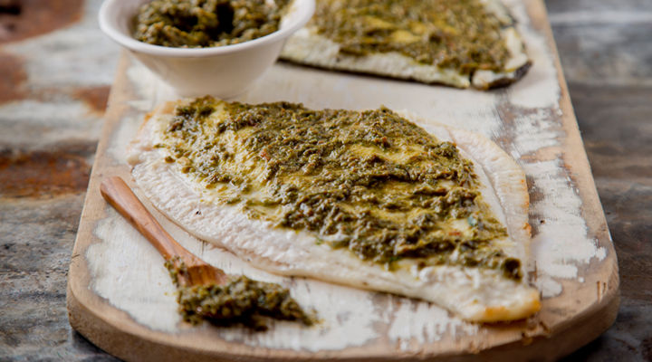 Baked fillets plaice rocket pesto recipe