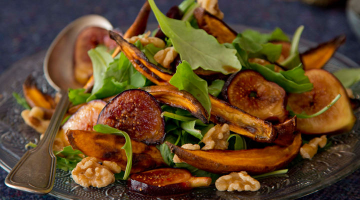 Caramelised fig salad baked sweet potatos walnuts recipe