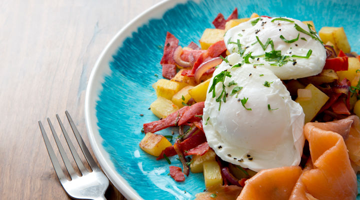 Chorizo hash poached egg smoked salmon recipe