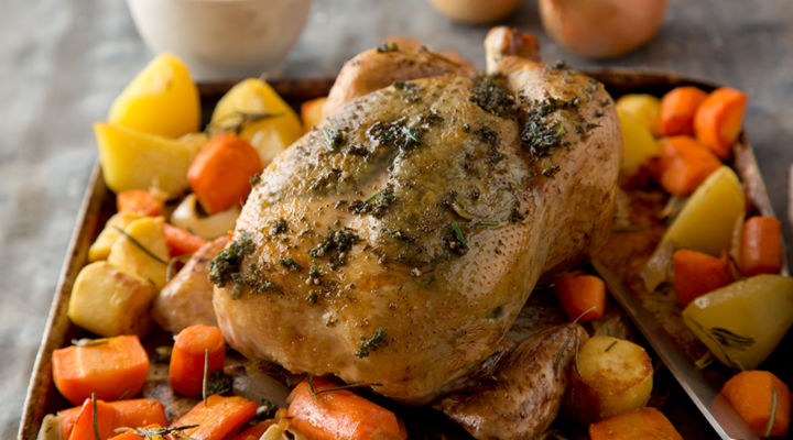 Herb pesto chicken winter root vegetables recipe
