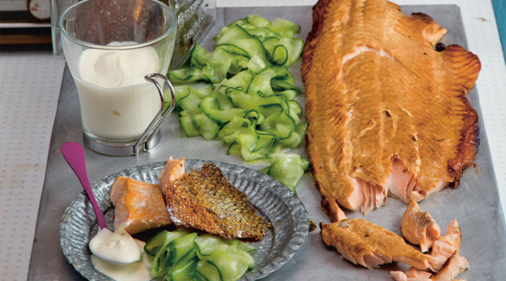 Hot jasmine smoked salmon creme fraiche pickled cucumber recipe