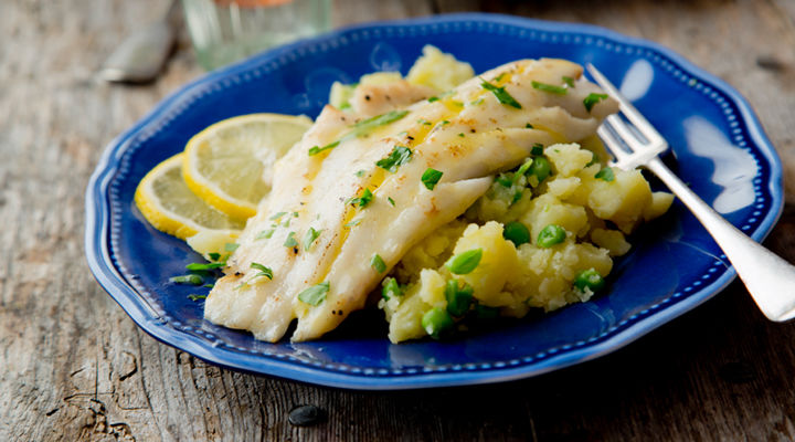 Pan fried haddock crushed potatoes peas recipe