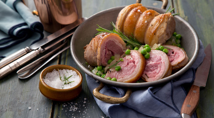 Roast loin lamb peas rosemary honey recipe
