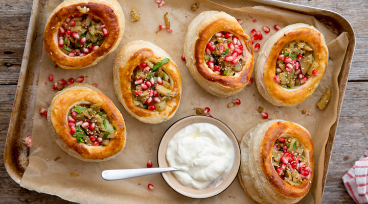 Smoked aubergine yogurt vol au vents recipe