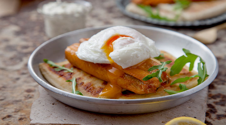 Grilled Kippers with Poached Eggs, Potato Farl and Lemon