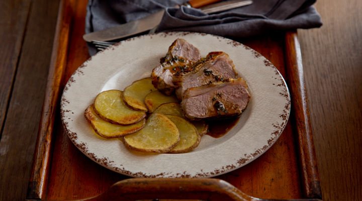 Roasted lamb loin maxims potatoes recipe