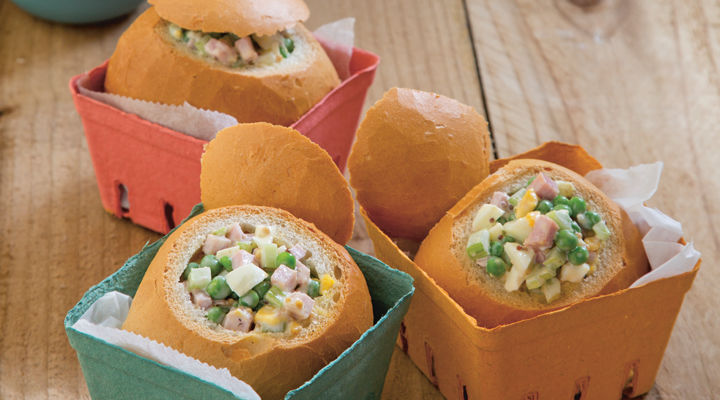 Ham Egg Pea and Celery Bread Bowls