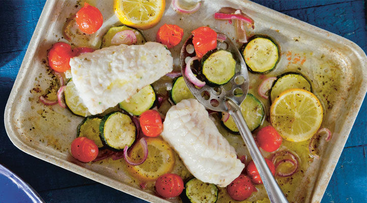 Baked Monkfish with Cherry Tomatoes, Red Onion