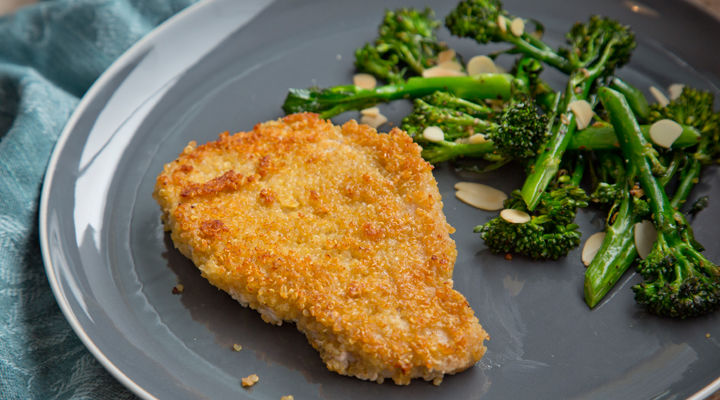 Quinoa and Parmesan-Crusted Pork Chops with Roast Tenderstem Broccoli