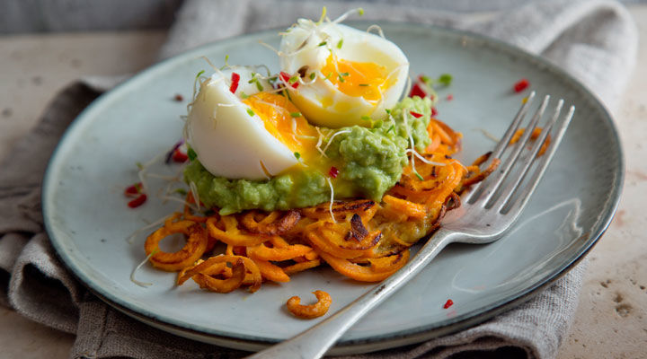 Spiralised Sweet Potato Rosti With Avocado, Lime And Chilli