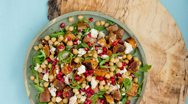 Roast sweet potato chickpea and feta salad with pomegranate