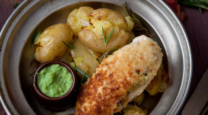 Chicken Kiev With Pea Puree And Crushed Baby Potatoes