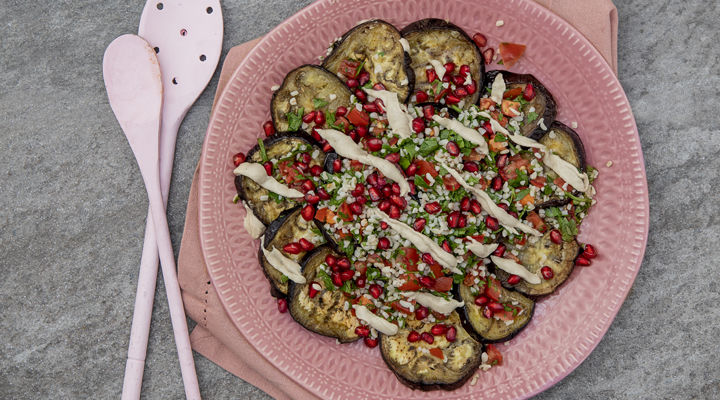 Roast aubergine and bulghur salad