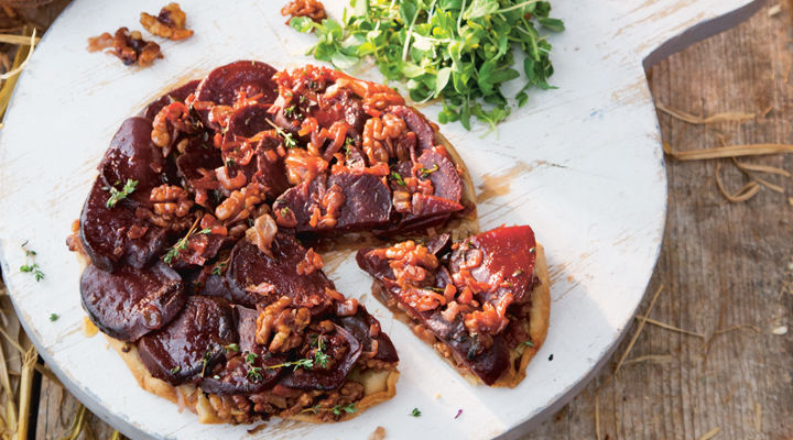 Happy pear beetroot shallot tarte tatin