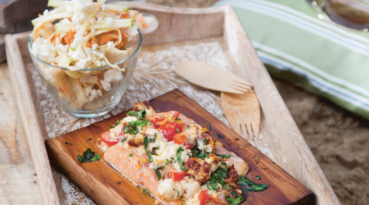 Hot smoked trout with apple and feta slaw recipe