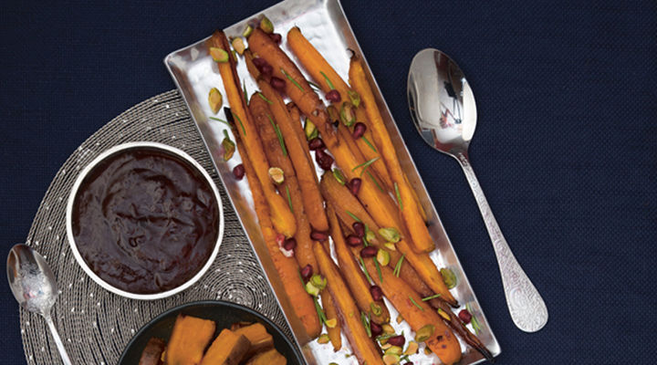 Roasted carrots pomegranate pistachios