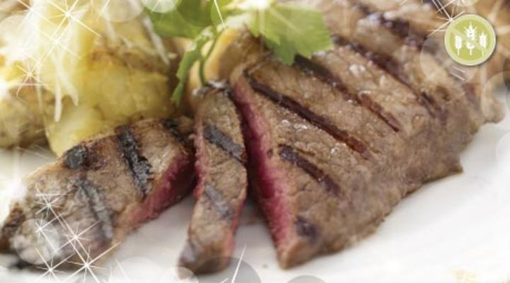Balsamic Steak with Crushed Baby Potatoes and Roasted Root Vegetables