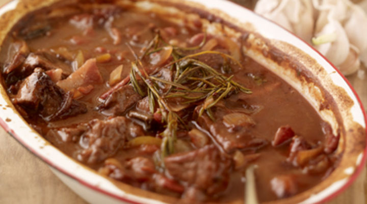 Beef in Red Wine with Garlic Mash
