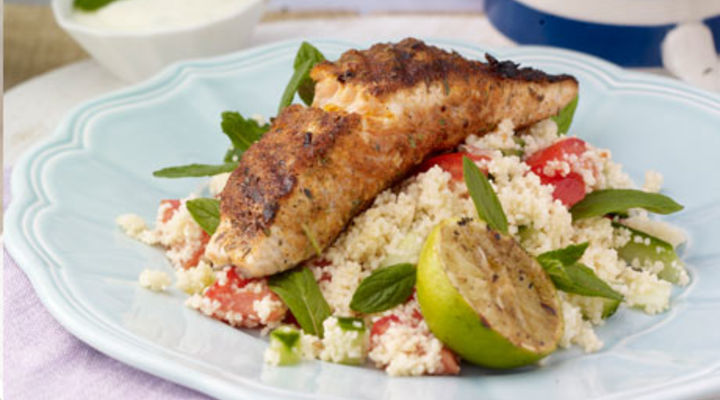 Blackened Salmon, Couscous, Lime dressing