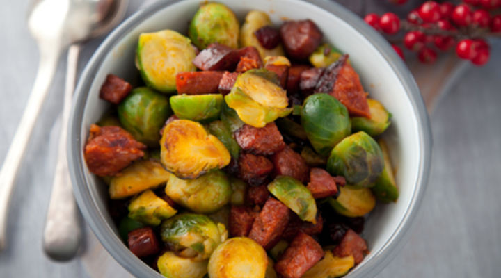 Brussels Sprouts with Caramelised Chorizo, Cranberries and Bread