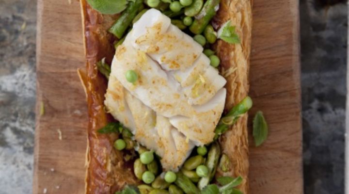 Cod, asparagus and broad bean tart
