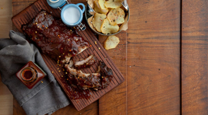 Glazed Rack of Bacon Ribs with Potato Crisps