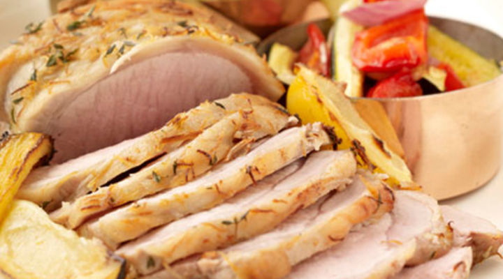 Lemon, Garlic and Thyme Roasted Pork Loin, Mediterranean Vegetables and Mini Roast Potatoes